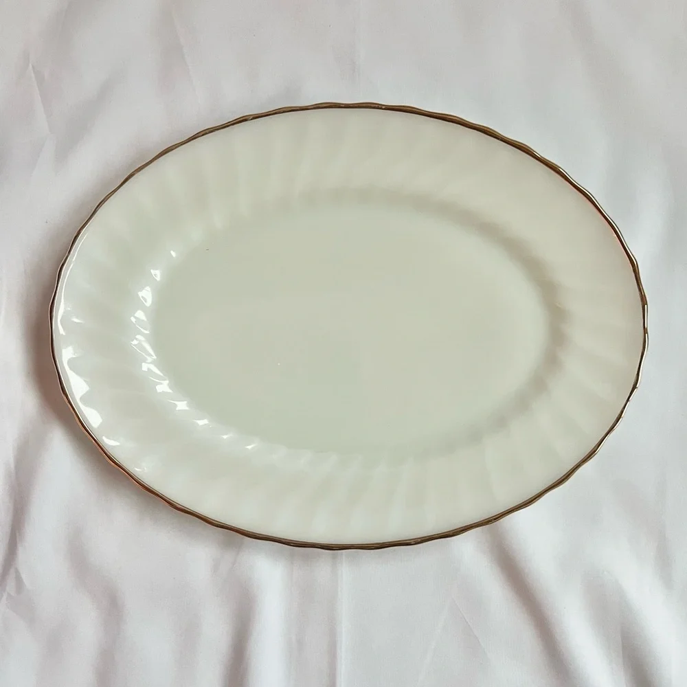 Vintage Fire King Milk Glass Swirl Platter, Gold Trim, 13